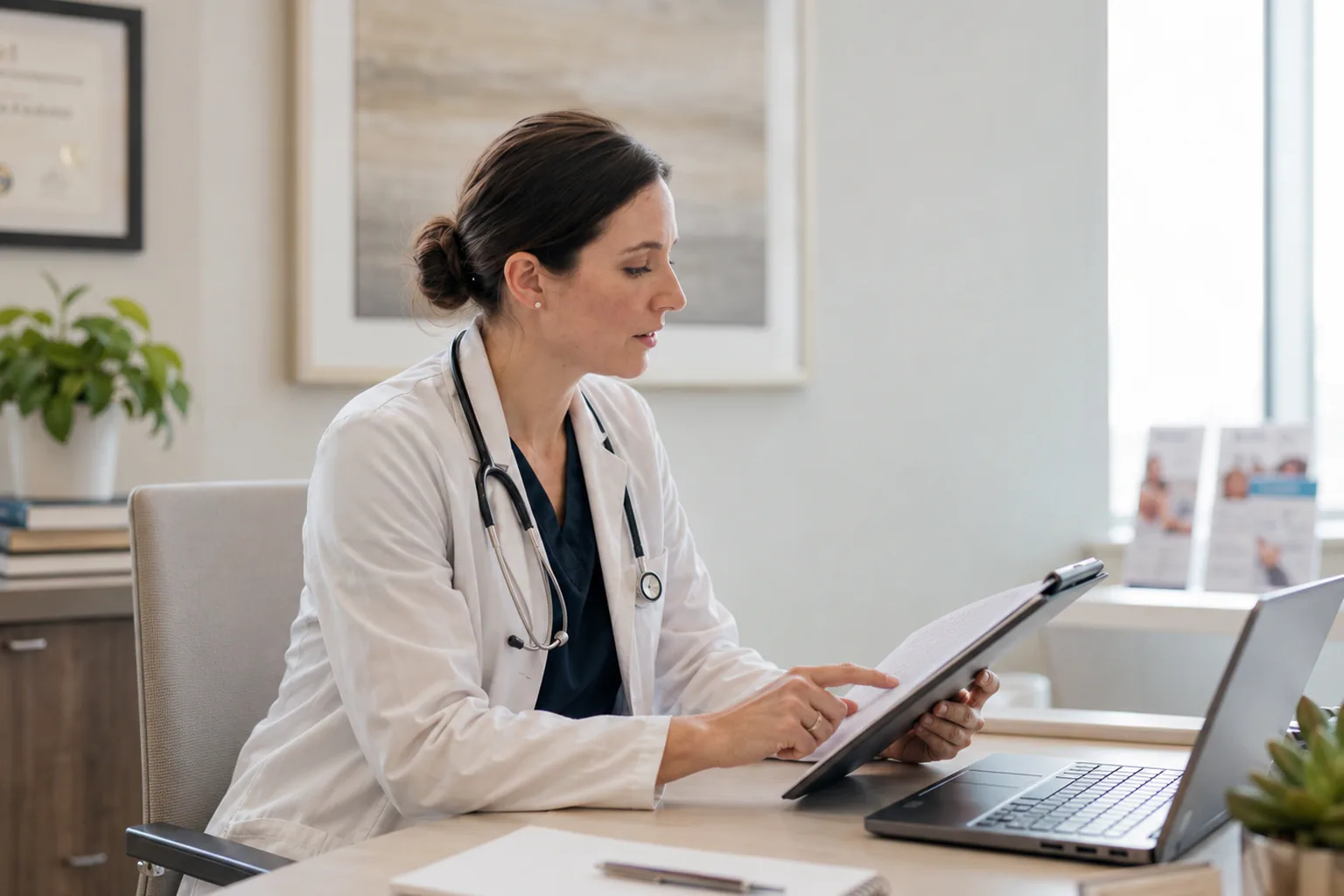 A physician at her desk reading the signed report, a laptop open beside her