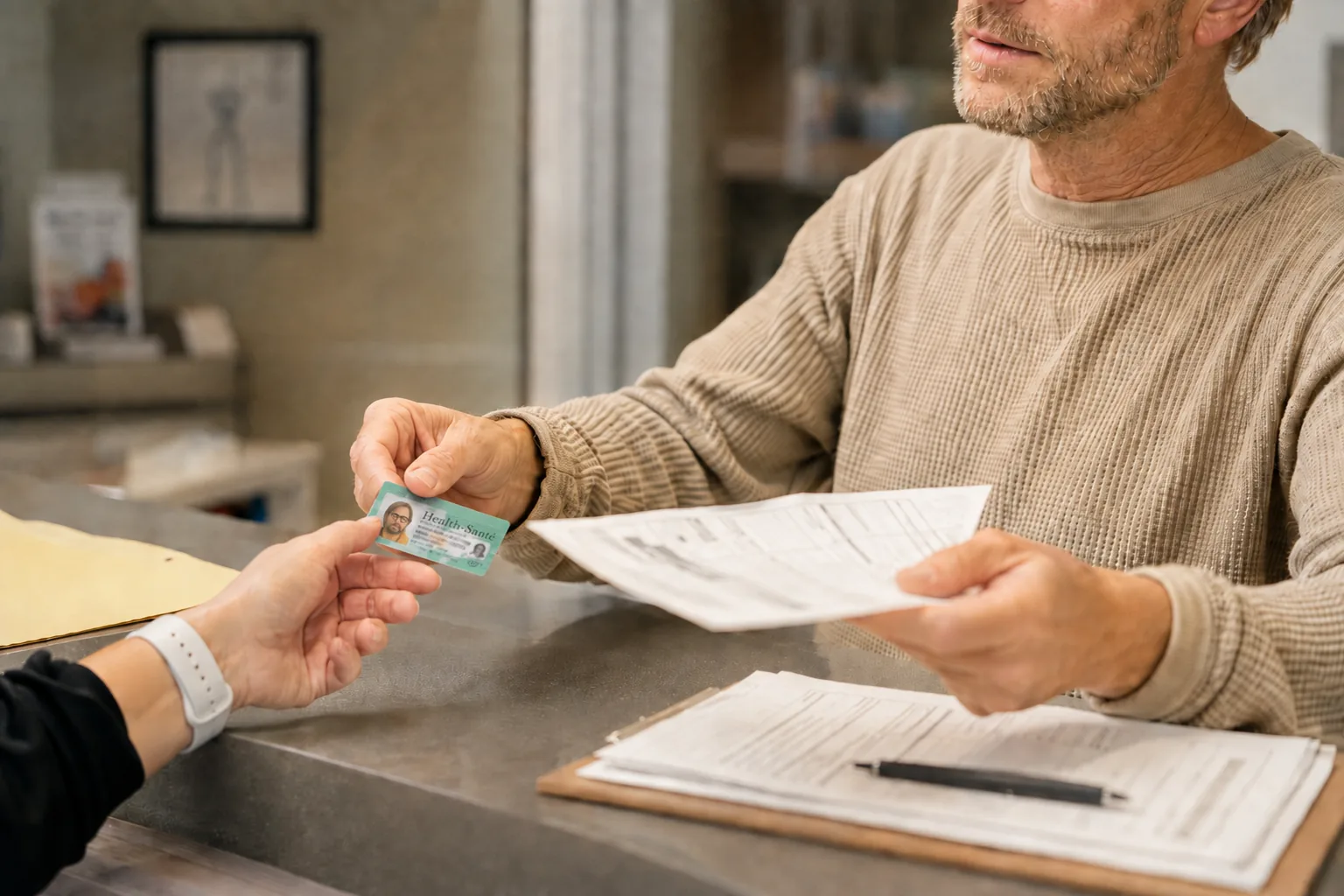 A patient handing their health card across the reception desk alongside the completed requisition