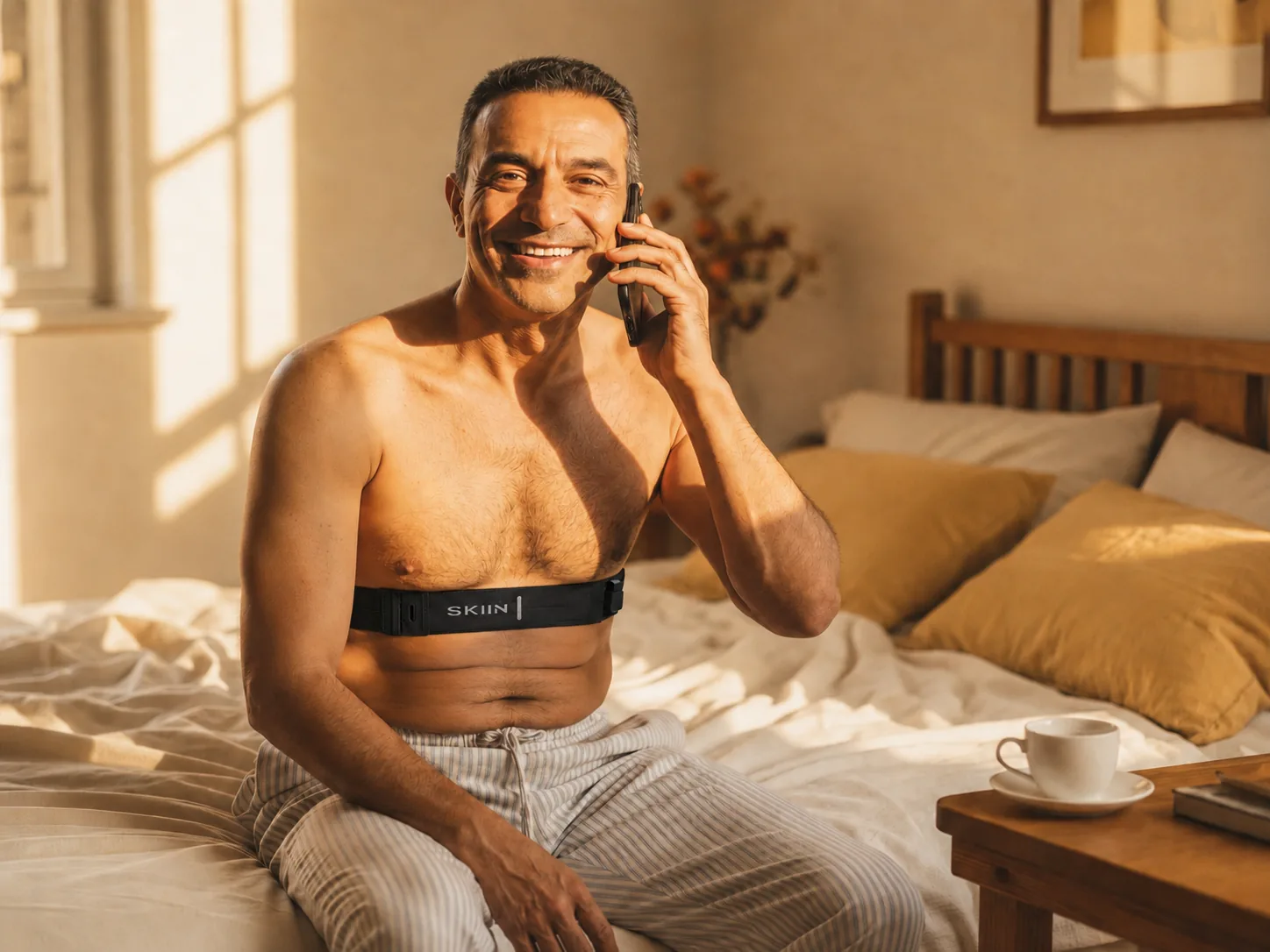 A man sitting on the edge of his bed in morning light, taking a call, the SKIIN chest band worn against his skin