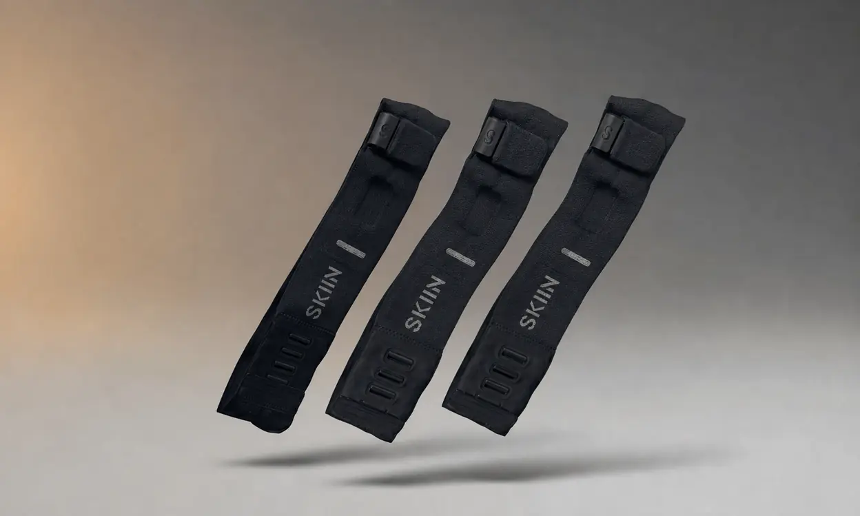 Three SKIIN™ bands, each showing the light alignment marker that sets the band against the sternum