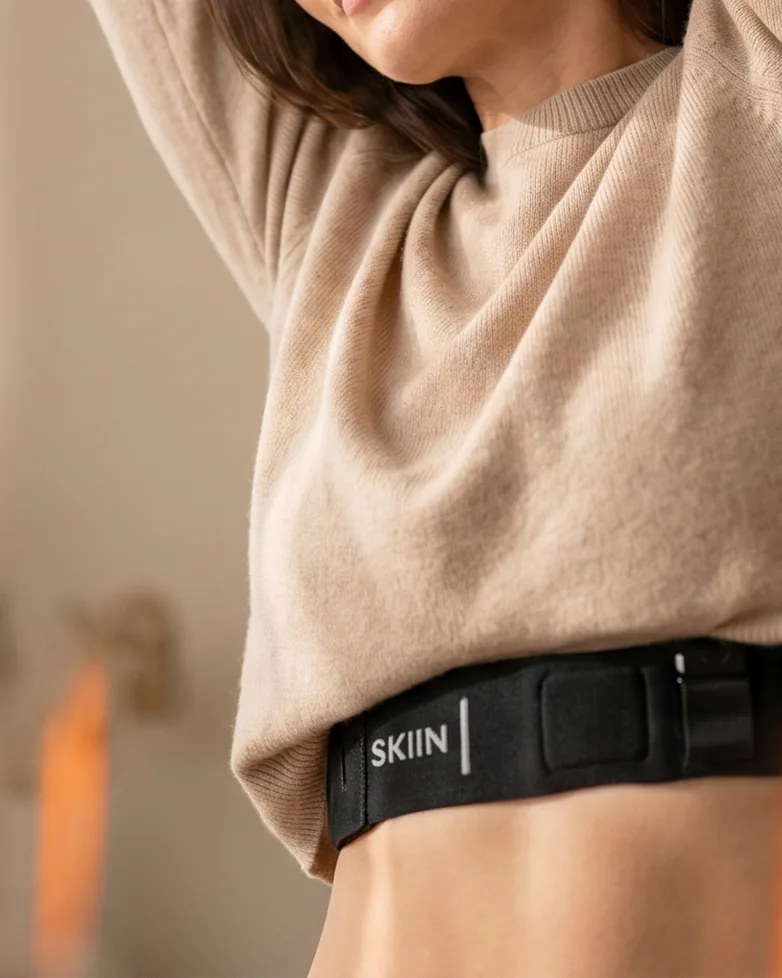A woman lifting her sweater to show the SKIIN band worn against the skin